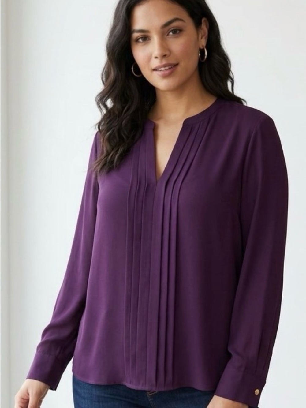 Calvin Klein Plum Pintuck V-Neck Long-Sleeve Blouse